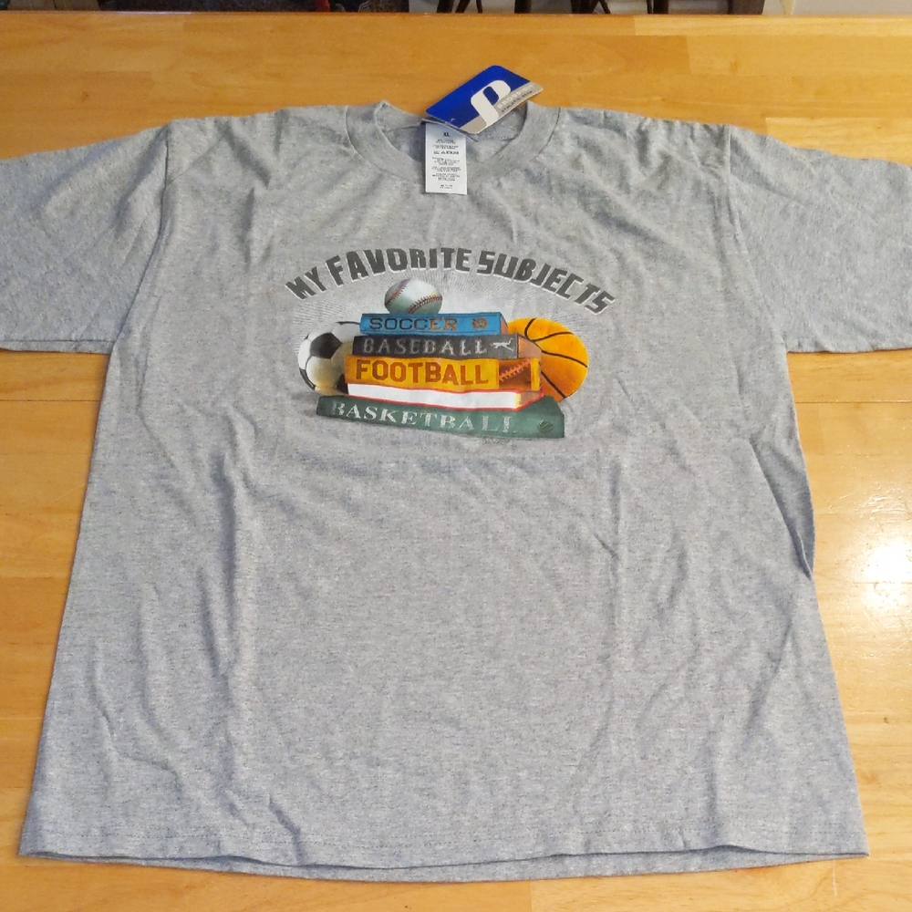 Vtg Kids XL Graphic Tee Short Sleeve Gray Soccer Baseball Football Basketball